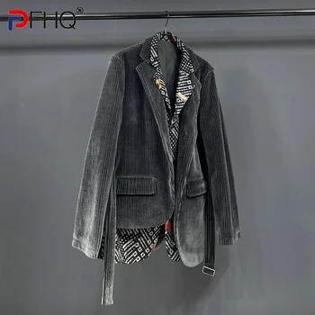 PFHQ Асимметричный подол, Нишевый дизайн, Блейзер, мужские куртки из высококачественного вельвета из двух частей, Летнее элегантное пальто 2023, Модное