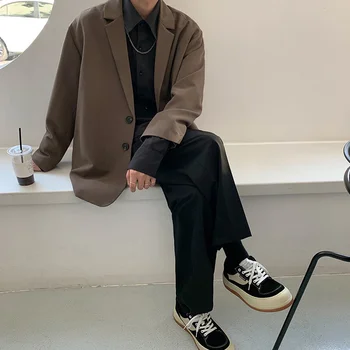 Мужской Коричневый Черный модный пиджак для общества моды, корейский свободный повседневный пиджак, мужской офисный официальный пиджак