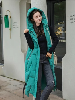 Осенне-зимний длинный жилет с капюшоном, Свободные зеленые карманы, женская повседневная куртка без рукавов с подкладкой, теплый стеганый жилет для женщин
