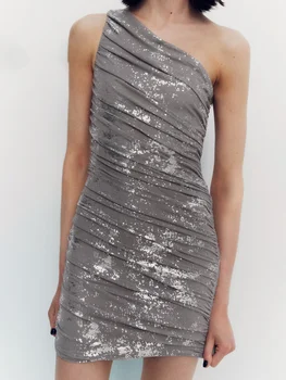 Тонкое мини-платье с серебристой сеткой и цветочным принтом, женское платье без рукавов с диагональным воротником, сексуальные короткие платья для ночного клуба, лето 2023 г.